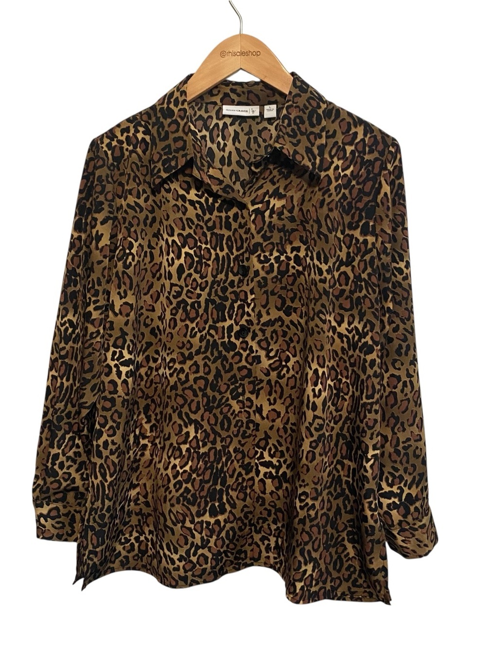 Susan Graver Leopard Cheetah Animal Print Button Down Shirt Size Large